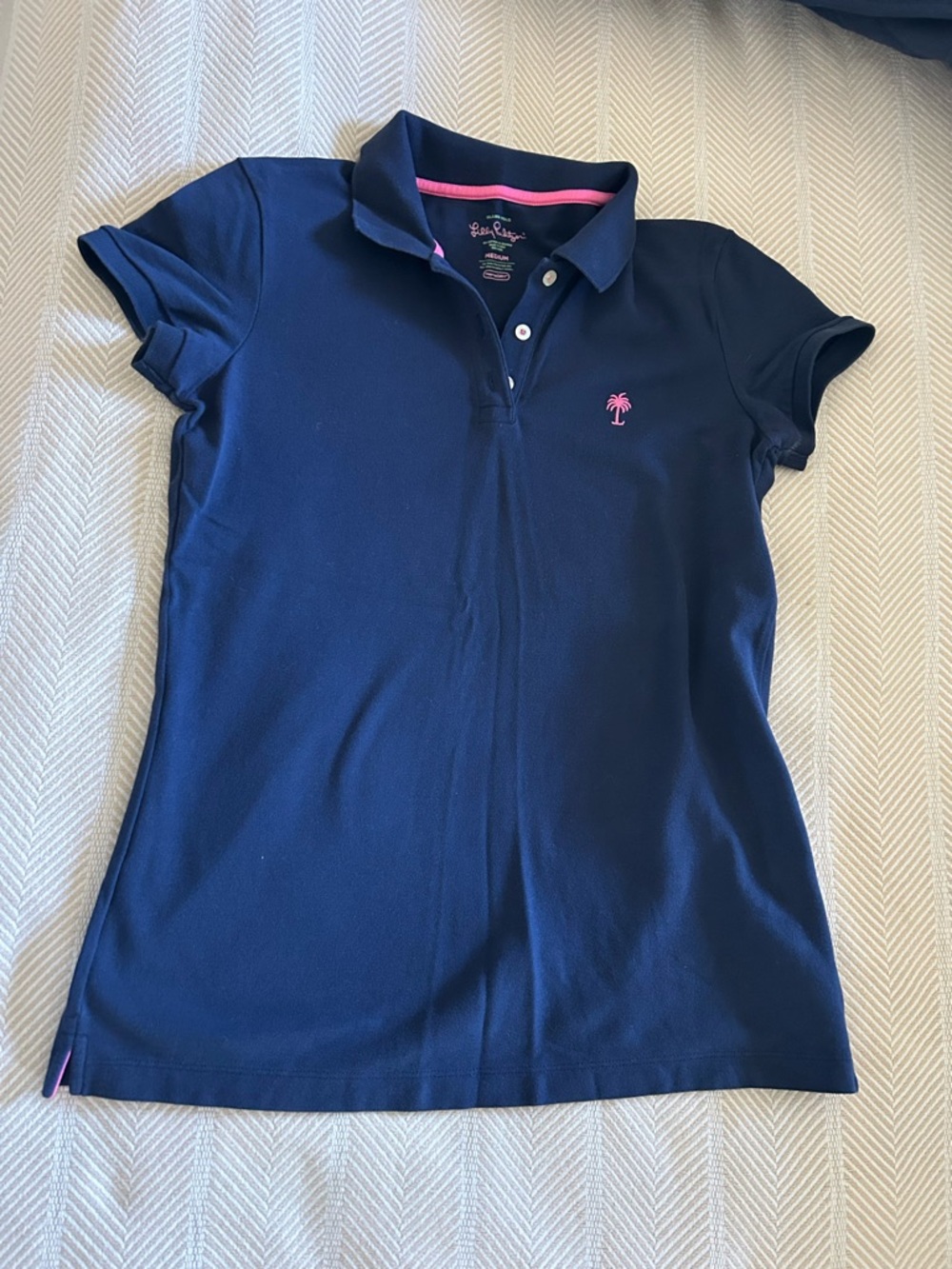 Lilly Pulitzer Navy Polo with Pink Palm Accent